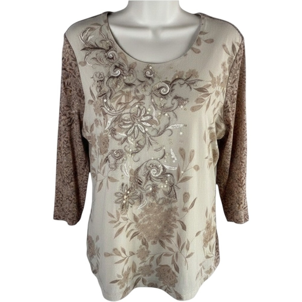 Coldwater Creek Floral Sequin Mesh Top Womens Large Whimsigoth Shabby Chic